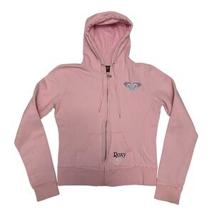 Vtg Y2K Women's Roxy Pink Full Zip Logo Hoodie M Streetwear